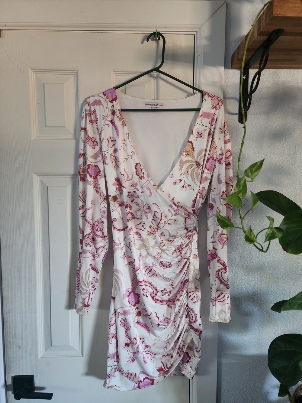Guess White Floral Wrap Mini Dress with Pink & Cream Print